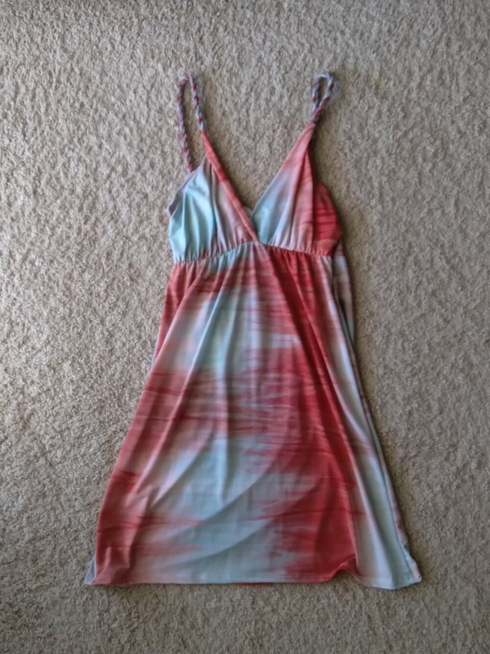 By Spiryt Tie Dye Blue and Red Mini Dress with Braided Strap Womens Size Medium